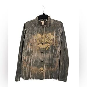 Mechant Women’s Button Up Long Sleeve Crinkled Look W/ ‘Wild Rose’ Graphic: L